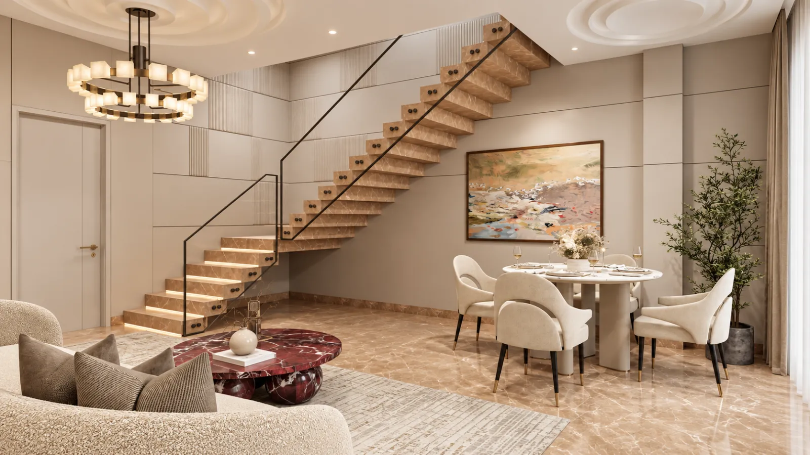Maa Villa living and dining area with staircase